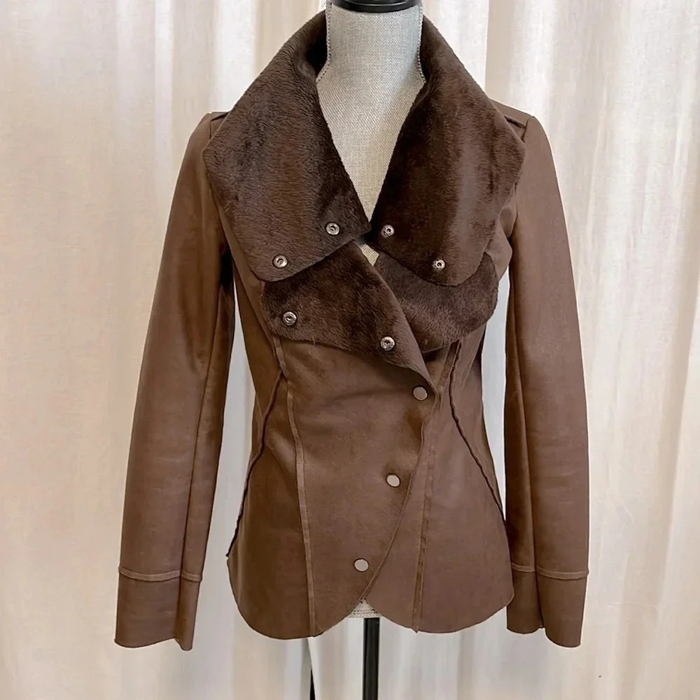 Brown Shearling and Faux Fur Blazer Jacket Like New, Size S